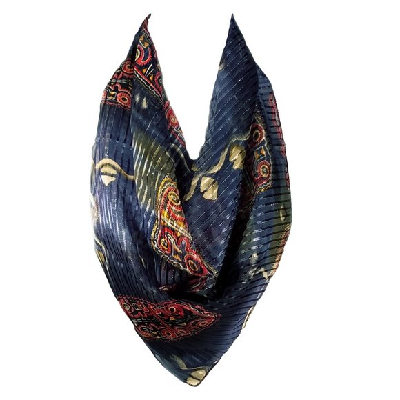 Accessories - NEW - Large Square Scarf Blue Metallic Thread Hieroglyphic Pattern